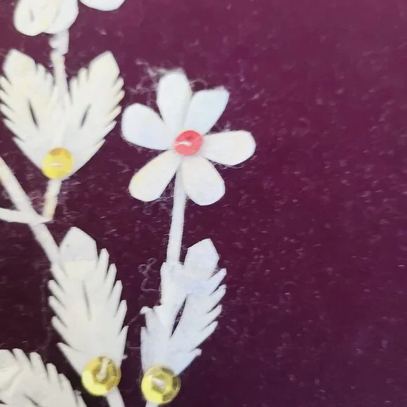 Handcrafted Floral Applique On Deep Burgundy Velvet 1970's White Petals Sequence - Picture 9 of 11